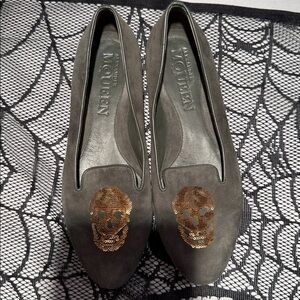 Alexander McQueen Olive Green Suede Loafers with Bronze Sequin Skull